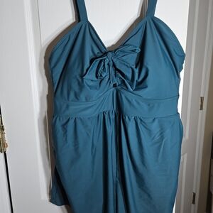 BloomChic Teal Swim Romper with Bow Accent